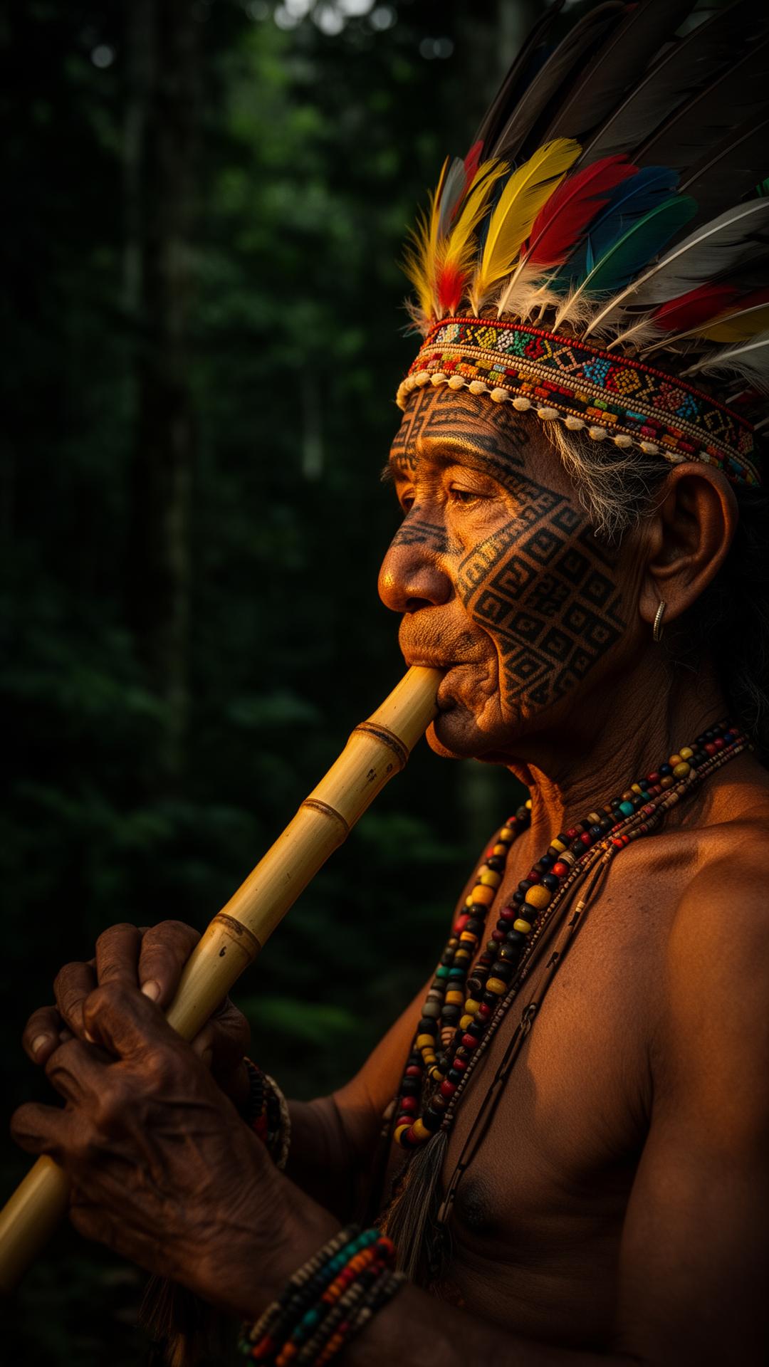 Ancião Huni Kuin tocando flauta de bambu